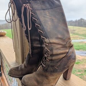FRYE AND CO. Distressed Brown Lace-Up Leather Mid-Calf Boots